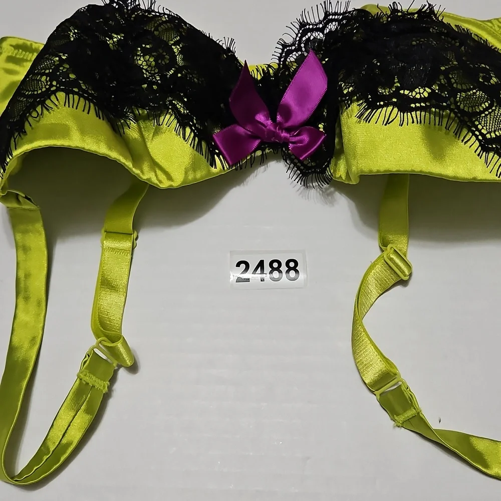 Cacique Green Bra with Black Lace and Purple Bow  Underwire Size 36DD